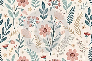 scandi folk art flowes botanicals seamless pattern in muted pastel colors on beige background seamless pattern - generated by ai photo