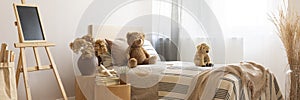 Scandi kid`s room interior with a bed, toys and blackboard