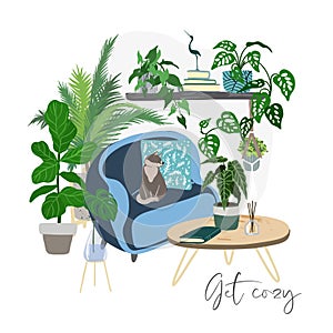 Scandi room interior with plants and blue chair