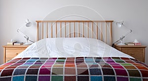 Scandi style bedroom interior with wooden bedroom furniture, white painted walls, white bedding and colourful blanket.