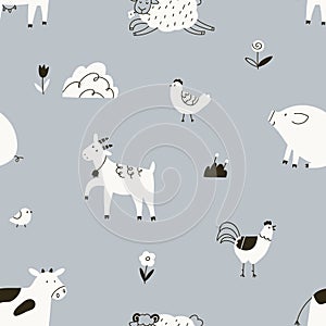 Scandi-style farm animals, seamless pattern. Cute doodle country background. Black and white countryside repeating print