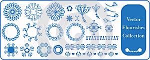Scandia style small floral motif flourish vector collection. Minimal hand drawn icon set with borders, divider and frame