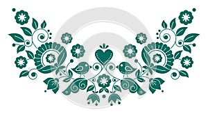 Scandianvian traditional folk art vector design with green flowers, birds