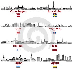 Vector set of Baltic and Scandinavian countries` cities skylines: Copenhagen, Stockholm, Oslo, Reykjavik, Helsinki, Riga, Tallinn, photo