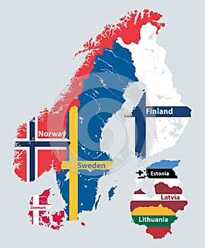 Scandinavia and Baltic countries political detailed map. Vector illustration