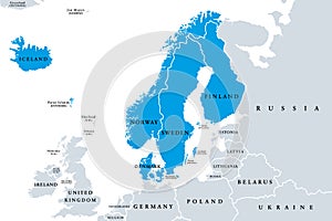 Scandinavia, a subregion in Northern Europe, political map photo