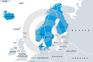 Scandinavia, a subregion in Northern Europe, political map
