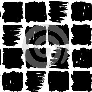Scandinavian Abstract grunge texture Seamless pattern paint strokes geometric background grid print, black on white background.