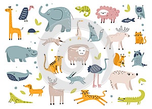 Scandinavian animals. Cute rabbit, elephant, turtle, tiger, owl, crocodile. Childish hand drawn animal doodle for