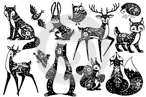 Scandinavian animals. Forest dwellers nordic with floral patterns. Deer, fox and hare, squirrel and hedgehog, lynx and