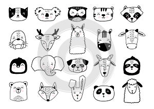 Scandinavian animals. Nordic cute animal set. Vector hand drawn panda, funny deer fox llama faces