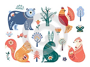 Scandinavian animals set Folk forest vector illustration