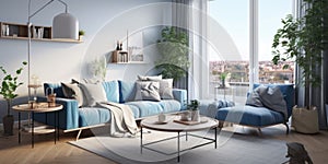 Scandinavian apartment panorama. Interior design of modern living room