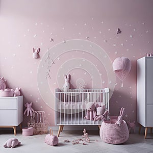 Scandinavian Baby Girl room, Pink color Wall, Stars And Decoration, Wooden Cradle, Toys, Parquet Floor, Soft Light Generative Ai