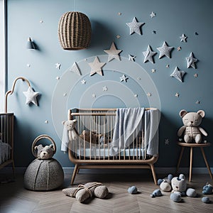 Scandinavian Baby room, Neutral color Wall, Stars And Decoration, Wooden Cradle, Toys, Parquet Floor, Soft Light Generative Ai