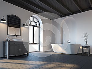 Scandinavian bathroom with black wood floor 3d render.