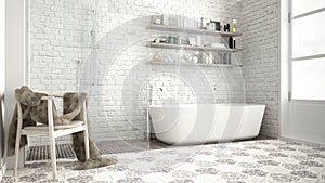 Scandinavian bathroom, classic white vintage design