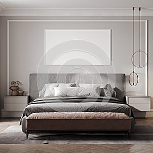 Scandinavian bedroom with bed, pink pouf, plant and a big frame, 3d rendering