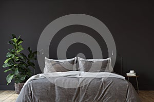 Scandinavian bedroom. Bedroom with dark wall. 3d render