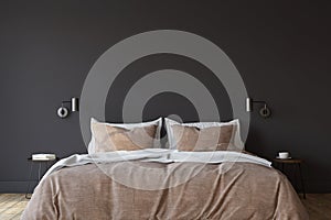 Scandinavian bedroom. Bedroom with the dark wall. 3d render