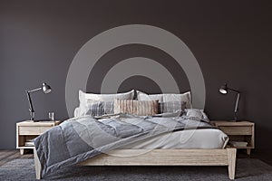 Scandinavian bedroom. Bedroom with the dark wall. 3d render