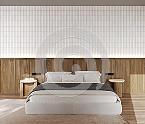 Scandinavian bedroom close up, paneled wall mock up, 3d render