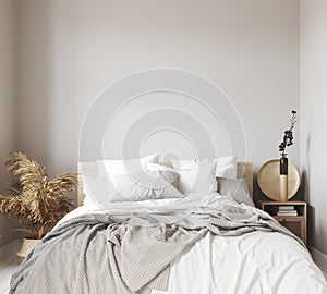 Scandinavian bedroom close up, wall mock up photo