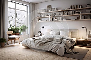 Scandinavian bedroom furniture room. Generate AI