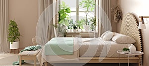 Scandinavian bedroom interior with bed in pastel beige and mint colors