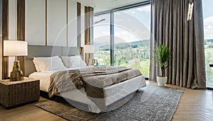 Scandinavian bedroom interior with black frame mockup, green wall, open door, wooden bed, and ceramic vase with dry grass