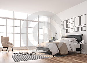 Scandinavian bedroom with large window 3d render photo
