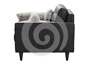 Scandinavian black leather upholstery armchair with pelt. 3d render