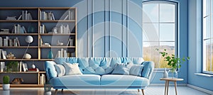 Scandinavian blue nova modern living room with sofa, chair, and bookshelf against blue wall.