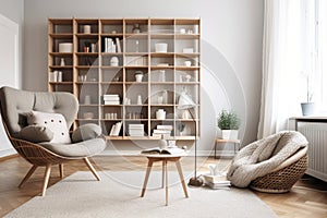 scandinavian bookcase with armchair in modern cozy interior of room. Home library with book shelf. Generative AI.