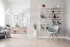 scandinavian bookcase with armchair in modern cozy interior of room. Home library with book shelf. Generative AI.