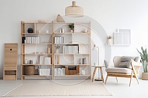 scandinavian bookcase with armchair in modern cozy interior of room. Home library with book shelf. Generative AI.