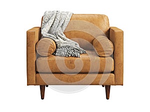 Scandinavian brown leather upholstery armchair with pillows and plaid. 3d render