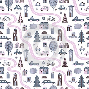 Scandinavian buildings pattern. Minimalist urban background, kids road map with houses transport. Nordic print decent