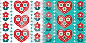 Scandinavian Christmas folk art vector seamless pattern, cute festive Nordic design in red and turquoise green