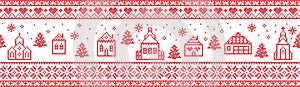 Scandinavian Christmas pattern including Nordic Christmas scenery Winter Village : Church , house, cottages, town hall in stitche