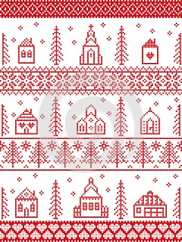 Scandinavian Christmas pattern including Nordic Christmas scenery Winter Village : Church , house, cottages, town hall in stitche