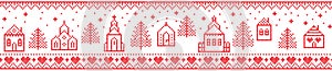 Scandinavian Christmas pattern including Nordic Winter Village : Church , house, cottages, town hall in cross stitch with heart