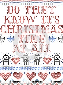 Scandinavian Christmas pattern inspired by Do They Know Its Christmas Time at all  carol festive elements  in cross stitch with he