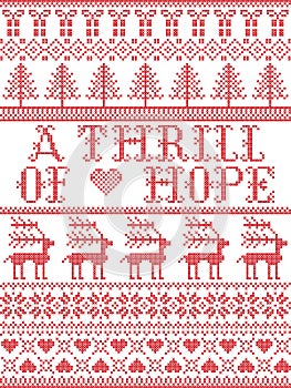 Scandinavian Christmas pattern inspired by A thrill of Hope lyrics festive winter elements in cross stitch with heart, snowflake, photo