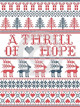 Scandinavian Christmas pattern inspired by A thrill of Hope lyrics festive winter elements  in cross stitch with heart, snowflakes