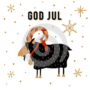 Scandinavian Christmas tradition. Christmas Yule Goat illustration with Danish text God Jul, Merry Christmas on English.