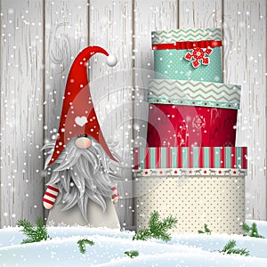 Scandinavian christmas traditional gnome, Tomte, with stack of colorful gift boxes, illustration photo