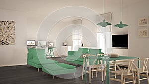 Scandinavian contemporary living room open space with dining table, sofa and chaise longue, office, home workplace with computers,