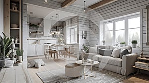 This Scandinavian cottage is the epitome of coziness with its inviting gray and white color scheme and warm wooden photo