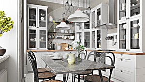 Scandinavian or country style kitchen with eating area and simplistic accents.